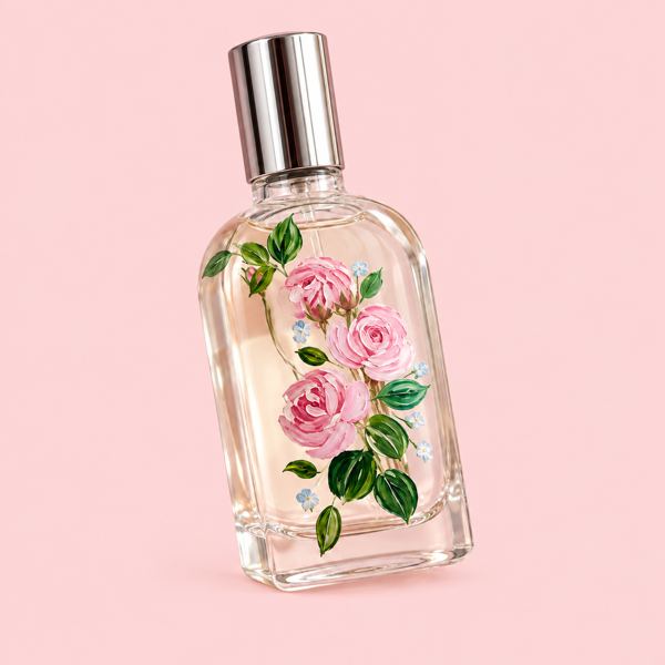 Concept: perfume bottle painted with pink roses