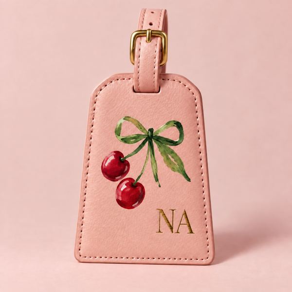 Concept: pink leather tag with cherries and gold NA initials