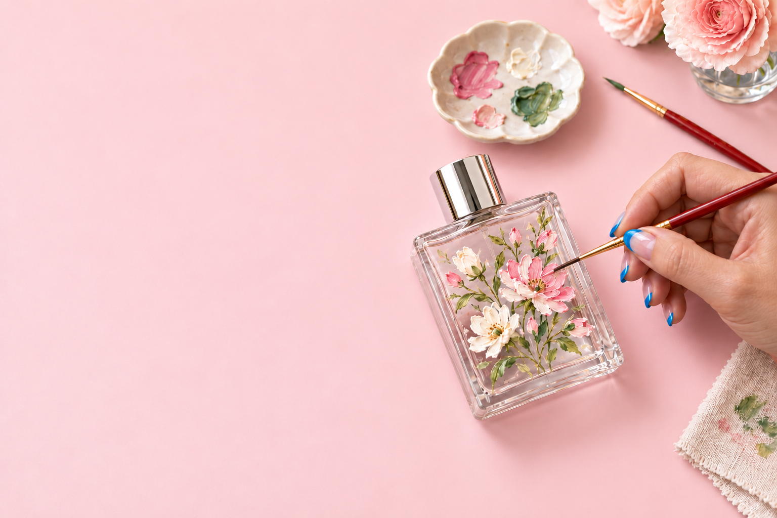 An artist painting wildflowers onto a perfume bottle resting on a blush-pink tabletop