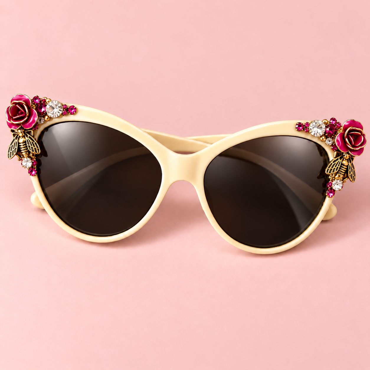 AI-styled image based on your embellished sunglasses with roses, crystals and bee charms